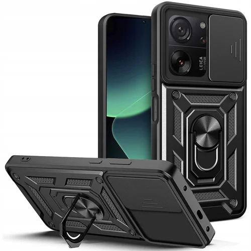 Xiaomi 13T 5G Telefontok - Camshield - fekete szilikon tok, kitámasztó ujjgyűrűvel, csúsztatható kameravédővel