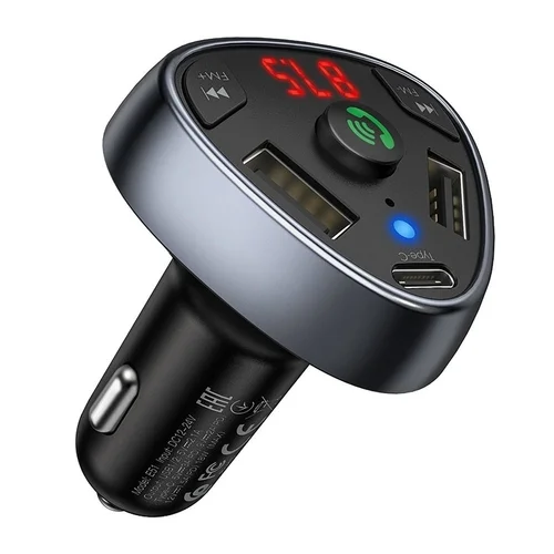 HOCO E51 Transzmitter - autós FM/Bluetooth transzmitter + 2XUSB/Type-C autós töltő, fekete