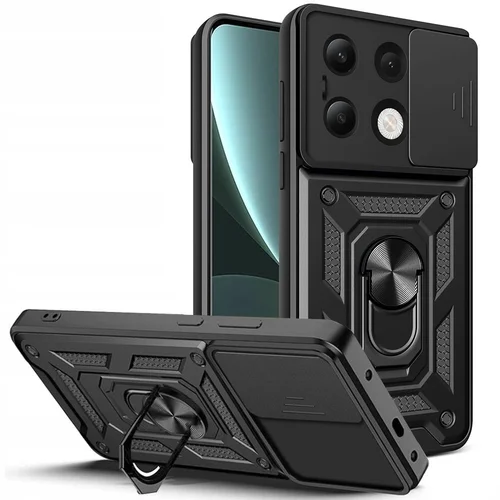 Xiaomi Redmi Note 13 4G / LTE Telefontok - Camshield - fekete szilikon tok, kitámasztó ujjgyűrűvel, csúsztatható kameravédővel