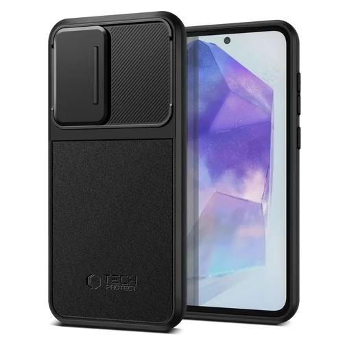 Telefontok Samsung Galaxy A55 5G - Tech- Protect- Velar Cam+ - fekete hátlap tok, csúsztatható kameravédővel