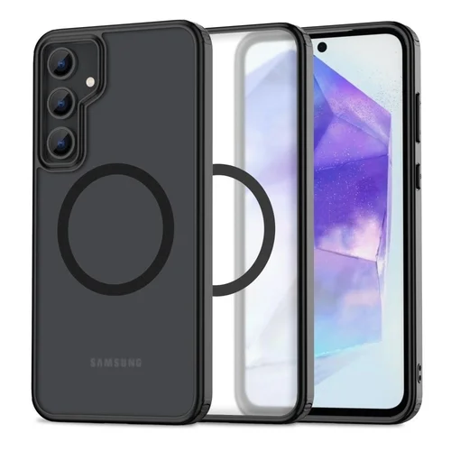 Telefontok SAMSUNG Galaxy A55 5G - Tech-Protect Magmat MagSafe kompatibilis áttetsző műanyag hátlap tok, fekete szilikon kerettel