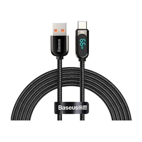 Baseus kábel - USB / Type-C (USB-C) fekete szövet gyorstöltő kábel, kijelzővel 1m, 66W