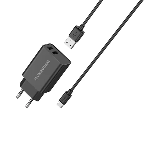 Töltő: Riversong - 2xUSB portos fekete hálózati töltőfej 12W + USB / Type-C (USB-C) kábel (1m)