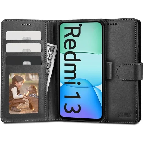 Telefontok Xiaomi Redmi 13 - fekete ráhajtófüles bőr könyvtok 