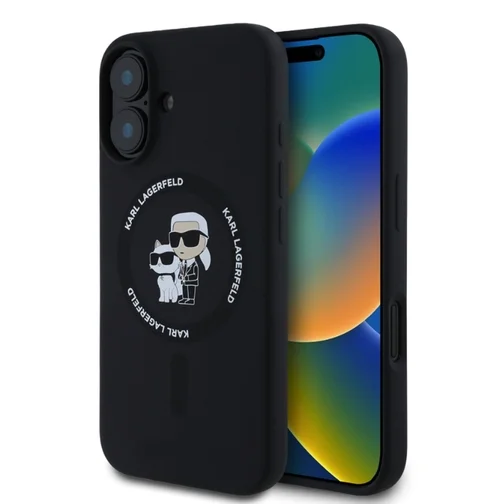 iPhone 16 telefontok - Karl Lagerfeld és Choupette - MagSafe kompatibilis fekete hátlap tok