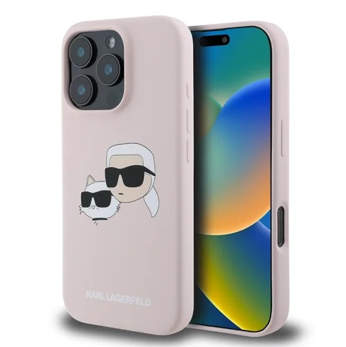 iPhone 16 Pro Max telefontok - Karl Lagerfeld és Choupette Head - MagSafe kompatibilis pink hátlap tok ﻿