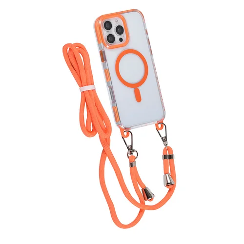 Telefontok iPhone 16 Pro Max - MagSafe kompatibilis átlátszó/narancs nyakbaakasztós hátlap tok