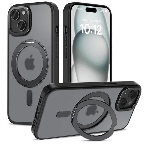Telefontok iPhone 15 - MagSafe kompatibilis áttetsző műanyag hátlap tok, kitámasztható gyűrűvel, fekete szilikon kerettel