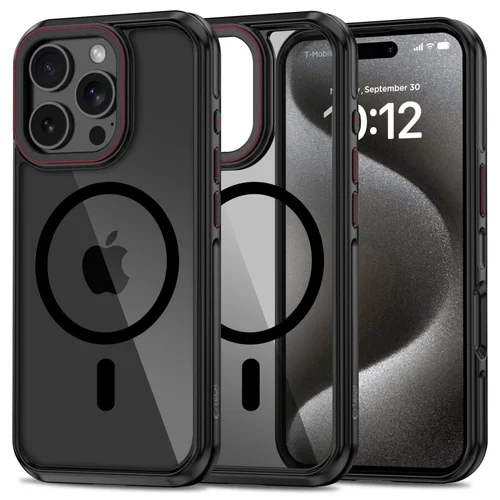 iPhone 16 Pro telefontok - Tech-Protect Maghybrid - MagSafe kompatibilis áttetsző műanyag hátlap tok, fekete/piros szilikon kerettel