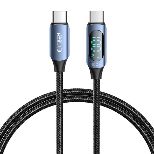 TECH-PROTECT Ultraboost kábel - Type-C / Type-C (USB-C) fekete szövet gyorstöltő kábel, kijelzővel 1m, 5A/100W