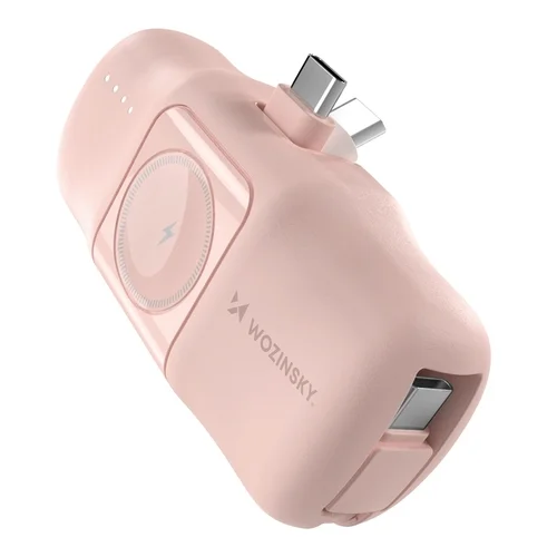 Wozinsky WF16-YCS - pink powerbank beépített Type-C (USB-C) csatlakozóval, 5000mAh + beépített Type-C (USB-C) kábellel + Apple Watch töltő ﻿