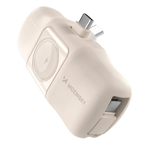 Wozinsky WF16-YCS - bézs powerbank beépített Type-C (USB-C) csatlakozóval, 5000mAh + beépített Type-C (USB-C) kábellel + Apple Watch töltő ﻿