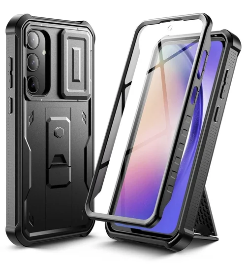 Telefontok Samsung Galaxy A16 4G / 5G - Tech- Protect Kevlar Pro- átlátszó előlap + plexi fekete hátlapi 360°-os tok , kitámasztható