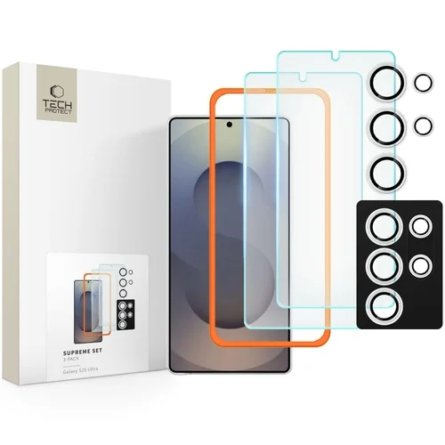 Üvegfólia Samsung Galaxy S25 Ultra - TECH-PROTECT Supreme - 2 db üvegfólia + 1db fekete keretes kamera védőkeret