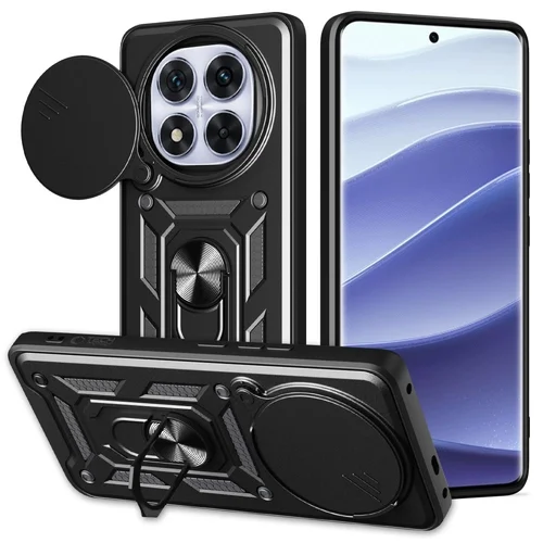 Telefontok Xiaomi Redmi Note 14 Pro 5G - Camshield - fekete szilikon tok, kitámasztó ujjgyűrűvel, csúsztatható kameravédővel