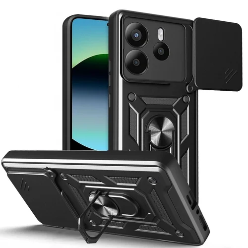 Xiaomi Redmi Note 14 5G telefontok - Camshield - fekete szilikon tok, kitámasztó ujjgyűrűvel, csúsztatható kameravédővel