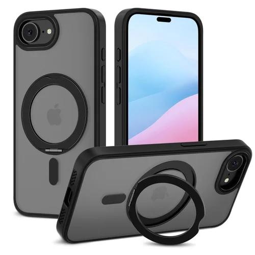 iPhone 16e - Tech-Protect Magring - MagSafe kompatibilis áttetsző műanyag hátlap tok, fekete szilikon kerettel, kitámasztóval ﻿