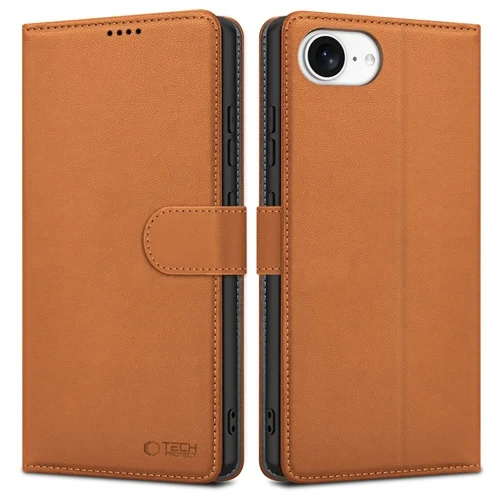 iPhone 16e telefontok - Tech- Protect Wallet - barna bőr könyvtok, ráhajtófüllel ﻿