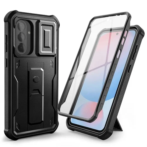 Telefontok Samsung Galaxy A56 5G - Tech- Protect Kevlar Pro- átlátszó előlap + plexi fekete hátlapi 360°-os tok , kitámasztható