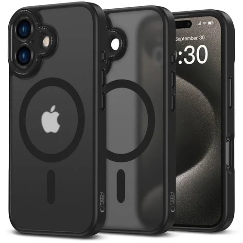 Telefontok iPhone 16 - MagSafe kompatibilis áttetsző műanyag hátlap tok, fekete szilikon kerettel, kameravédővel