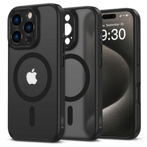 Telefontok iPhone 16 Pro - MagSafe kompatibilis áttetsző műanyag hátlap tok, fekete szilikon kerettel, kameravédővel