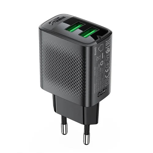 Acefast A86 hálózati töltő - 2xUSB porttal, hálózati töltő, fekete, 12W ﻿