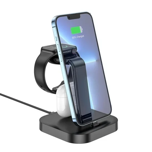 Hoco Graceful CW43 telefon töltő - 3in1 fekete töltőpad - Apple telefon, headset és okosóra - 2xLightning+Wireless ﻿