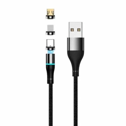 Setty - 3in1 kábel - USB - Lightning / Type-C (USB-C) / MicroUSB cserélhető mágneses fejekkel, fekete szövet kábel 2A, 1 m