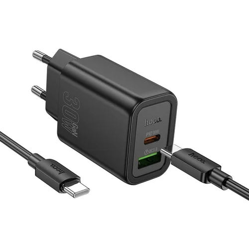 HOCO N63 - USB / Type-C (USB-C) portos fekete hálózati gyors töltőfej, 30W + Type-C / Type-C (USB-C) kábel, 1m