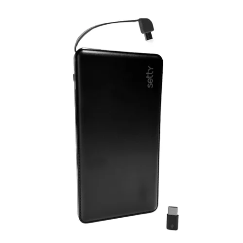 Powerbank Setty - fekete powerbank 10000 mAh, LED-es, USB / MicroUSB + Type-C (USB-C) adapter