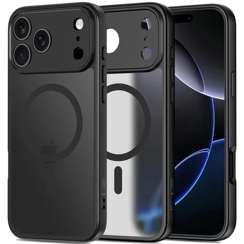 Telefontok iPhone 17 Pro Max - Tech-Protect Magmat MagSafe kompatibilis áttetsző műanyag hátlap tok, fekete szilikon kerettel