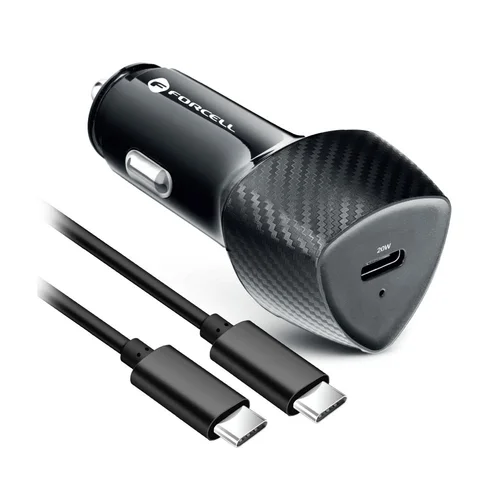 Forcell CC50-1C autós töltő - Type-C (USB-C) autós gyorstöltő, fekete, 20W + Type-C / Type-C kábel, 1m