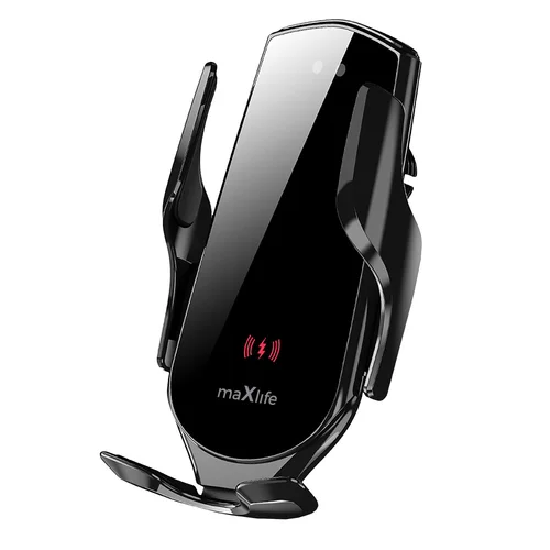 Telefontartó Maxlife MXCH-08 - Univerzális, fekete szellőzőrácsra rögzíthető automata telefontartó, vezeték nélküli töltéssel