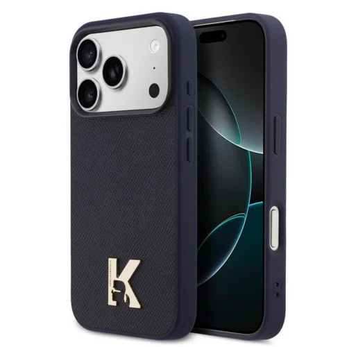 Telefontok iPhone 17 Pro Max - Karl Lagerfeld Saffiano Leather - Metal K & Karl Logo - MagSafe kompatibilis sötétkék hátlap tok