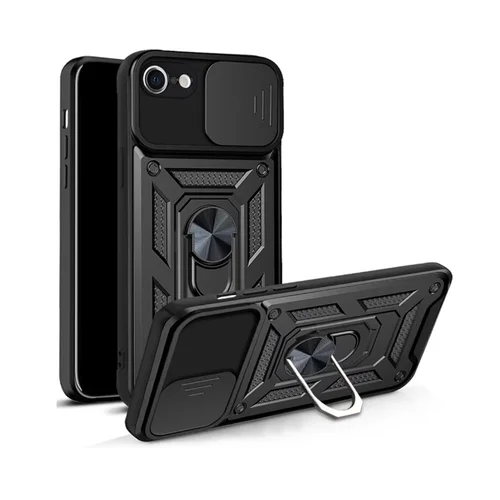Telefontok iPhone 17e - Camshield - fekete szilikon tok, kitámasztó ujjgyűrűvel, csúsztatható kameravédővel