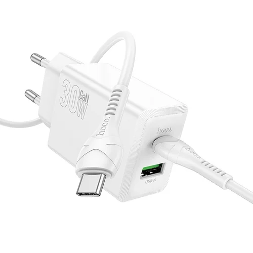 HOCO N71 - USB / Type-C (USB-C) portos fehér hálózati gyors töltőfej, 30W + Type-C / Type-C (USB-C) kábel, 1m