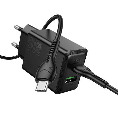 HOCO N71 - USB / Type-C (USB-C) portos fekete hálózati gyors töltőfej, 30W + Type-C / Type-C (USB-C) kábel, 1m