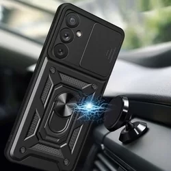 Samsung Galaxy A54 5G Telefontok - Camshield - fekete szilikon tok, kitámasztó ujjgyűrűvel, csúsztatható kameravédővel-2