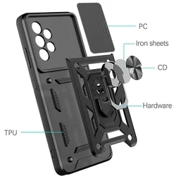 Samsung Galaxy A33 5G Telefontok - Camshield - fekete szilikon tok, kitámasztó ujjgyűrűvel, csúsztatható kameravédővel-1