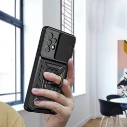 Samsung Galaxy A33 5G Telefontok - Camshield - fekete szilikon tok, kitámasztó ujjgyűrűvel, csúsztatható kameravédővel-2