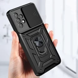 Samsung Galaxy A33 5G Telefontok - Camshield - fekete szilikon tok, kitámasztó ujjgyűrűvel, csúsztatható kameravédővel-3