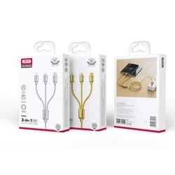Szövet kábel: XO NB216 - 3in1 kábel - (USB - Lightning / Type-C / MicroUSB) arany szövetkábel 2,4A, 1,2 m-1