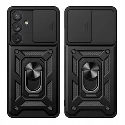 Samsung Galaxy A34 5G Telefontok - Camshield - fekete szilikon tok, kitámasztó ujjgyűrűvel, csúsztatható kameravédővel-1