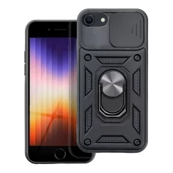 iPhone SE3 (2022) Telefontok - Camshield - fekete szilikon tok, kitámasztó ujjgyűrűvel, csúsztatható kameravédővel-1