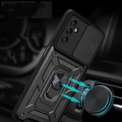 Samsung Galaxy A13 5G Telefontok - Camshield - fekete szilikon tok, kitámasztó ujjgyűrűvel, csúsztatható kameravédővel-4