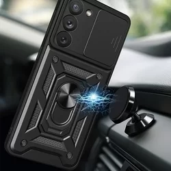 Samsung Galaxy A14 5G Telefontok - Hybrid Armor Camshield - kék szilikon tok, kitámasztó ujjgyűrűvel, csúsztatható kameravédővel-1