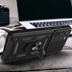 Samsung Galaxy A14 5G Telefontok - Hybrid Armor Camshield - pink szilikon tok, kitámasztó ujjgyűrűvel, csúsztatható kameravédővel-2