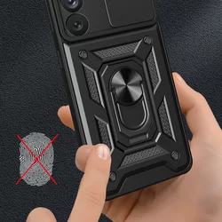 Samsung Galaxy S23 Telefontok - Hybrid Armor Camshield - fekete szilikon tok, kitámasztó ujjgyűrűvel, csúsztatható kameravédővel-7