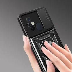 Xiaomi Redmi 12C Telefontok - Camshield - fekete szilikon tok, kitámasztó ujjgyűrűvel, csúsztatható kameravédővel-3