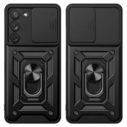 Samsung Galaxy A14 4G / LTE (A145) Telefontok - Hybrid Armor Camshield - pink szilikon tok, kitámasztó ujjgyűrűvel, csúsztatható kameravédővel-3